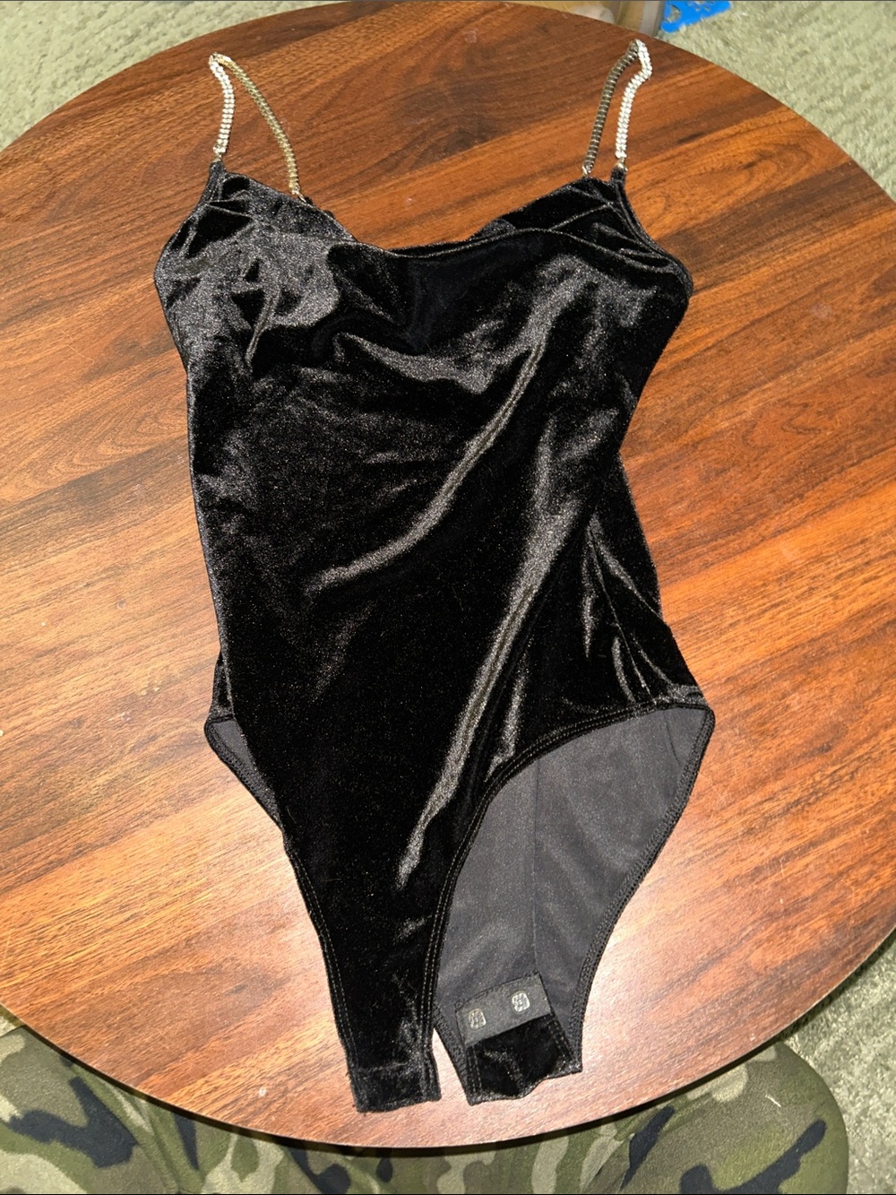 Bear Dance Black Velvet Rhinestone-Strap Bodysuit